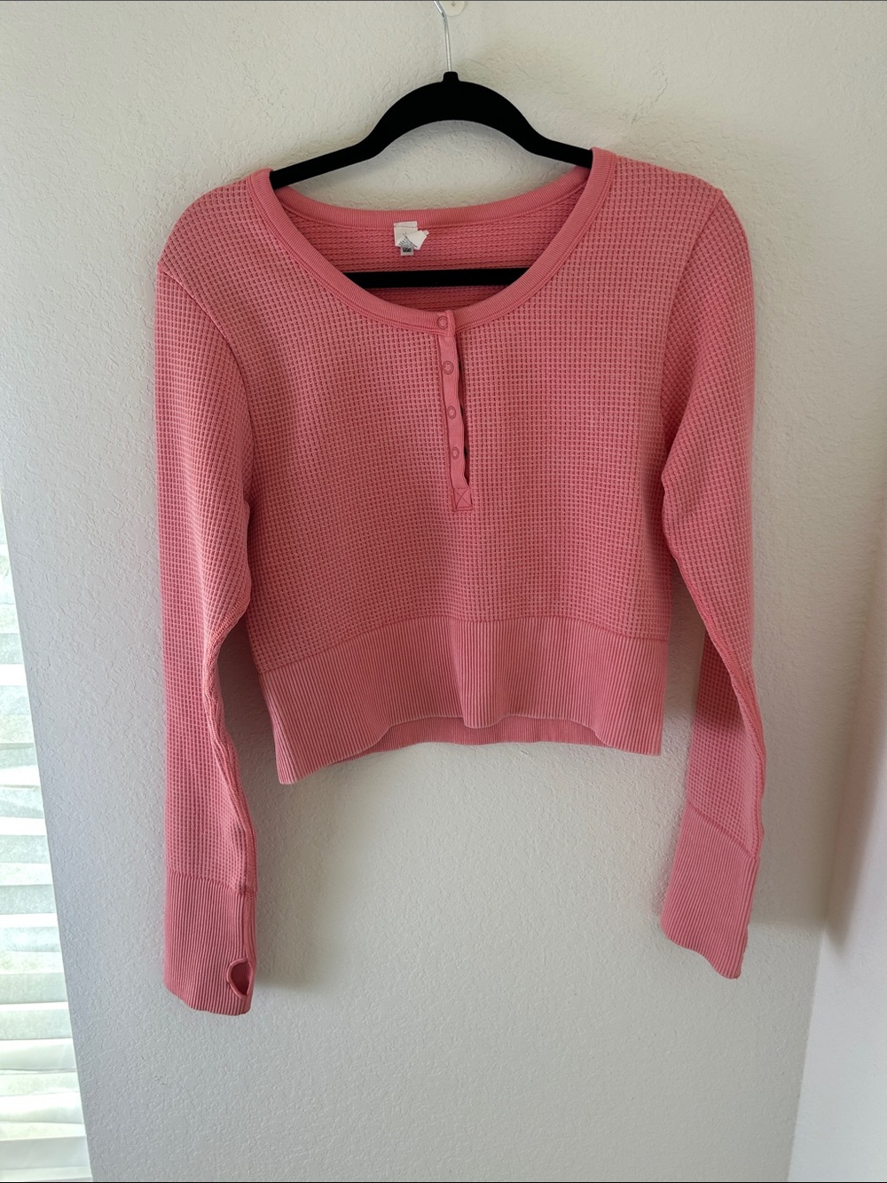 aerie Pink Waffle Knit Henley Crop Long Sleeve Top